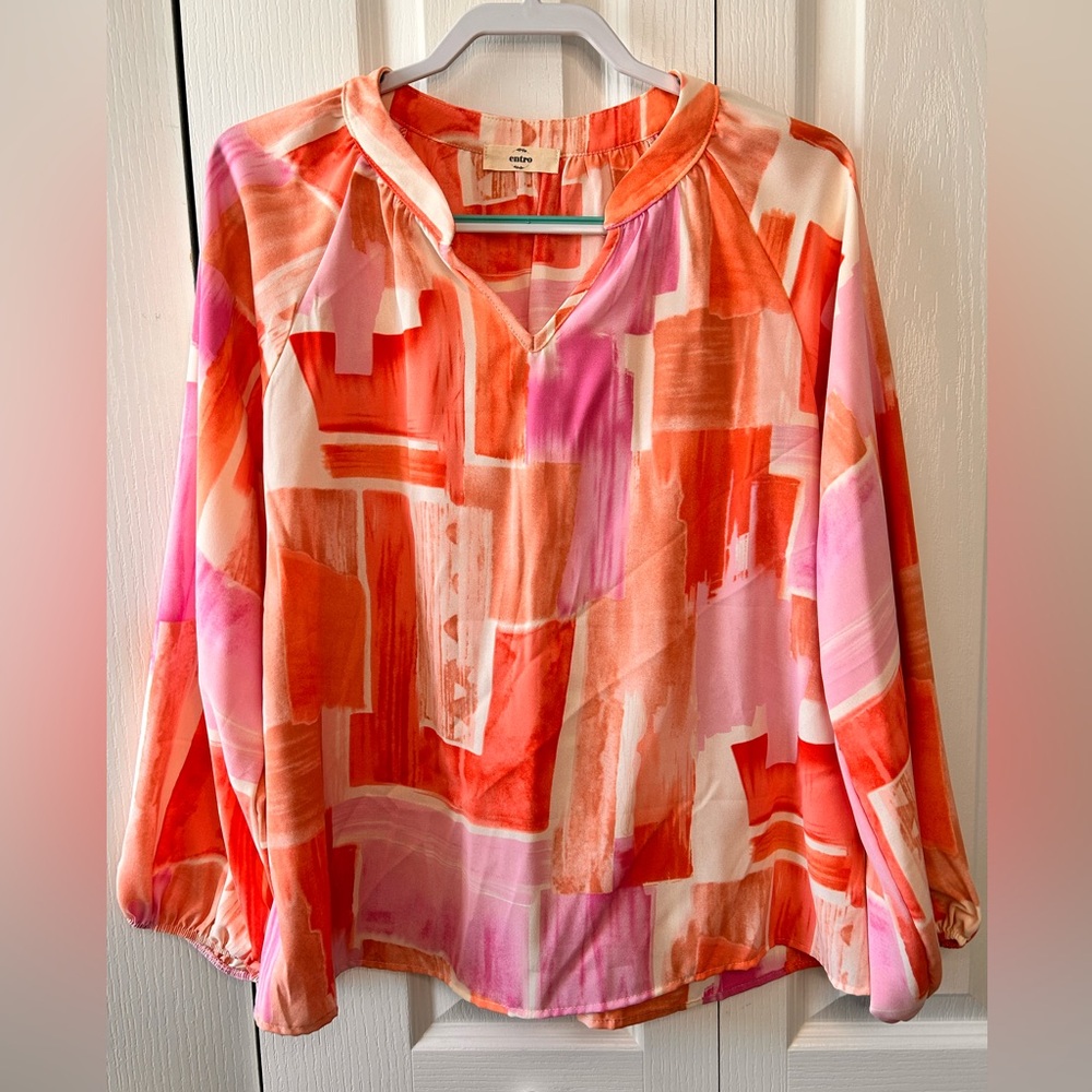 Entro Women’s Colorful Abstract V-Neck Long Ballon Sleeve Blouse Size Small EUC